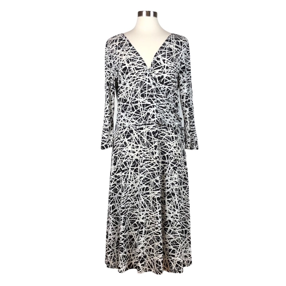 Lily Crossover Wrap Look Top Black & White Patterned Dress with Side Tie